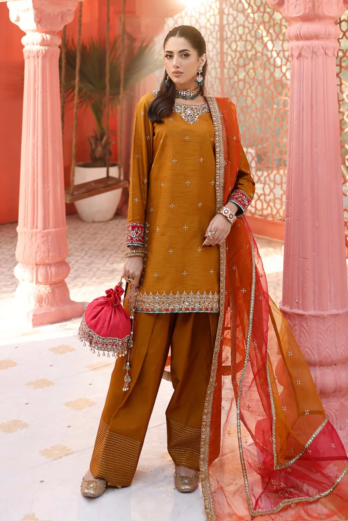 Maria. B- 3 Piece Embroidered Raw Silk Suit