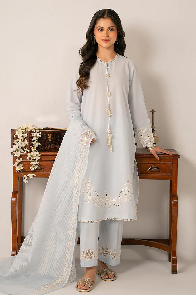 Cross Stitch -3PC Blue Lawn Embroidered Pret