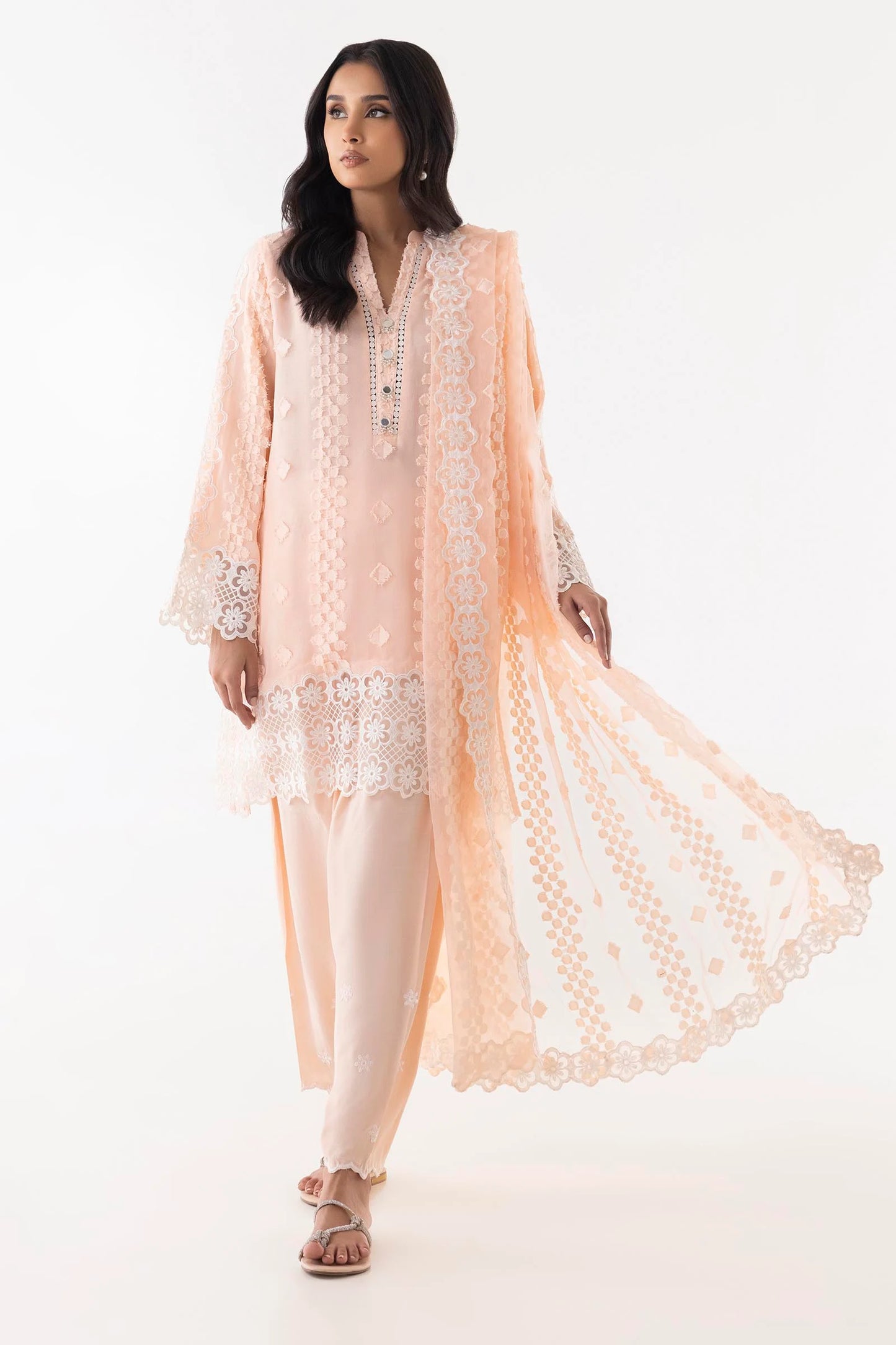 Sana Safinaz- Peach Embroidered Shirt + Shalwar + Dupatta