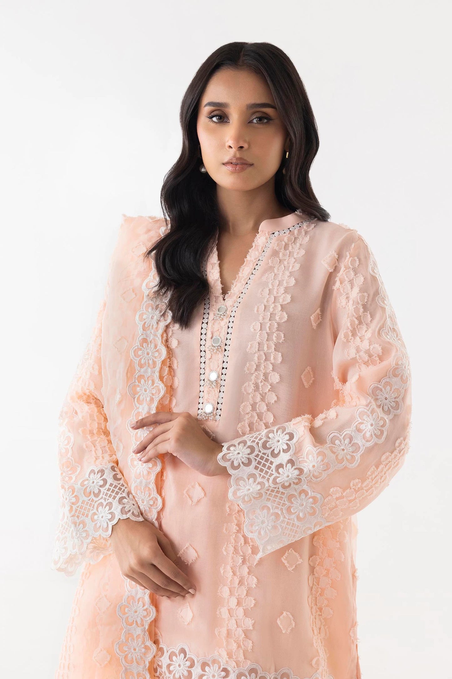 Sana Safinaz- Peach Embroidered Shirt + Shalwar + Dupatta